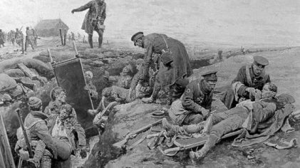 First World War drawing of the Royal Army Medical Corps providing first aid