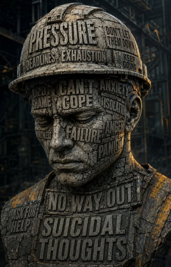 Concept artwork of the SOLVE Construction Bust, showing words associated with workplace pressure and suicidal distress
