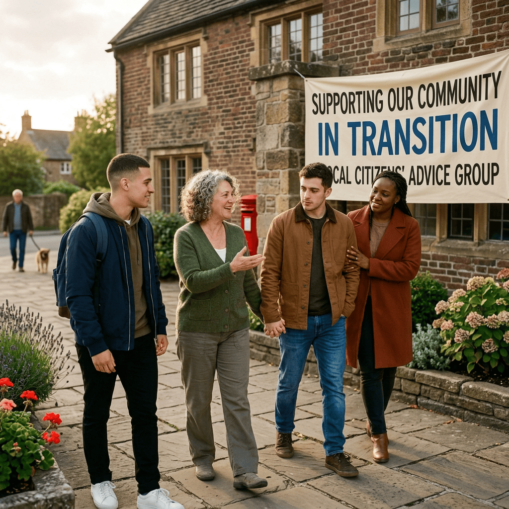 Four people walking together beneath a banner reading “Supporting People Through Change”