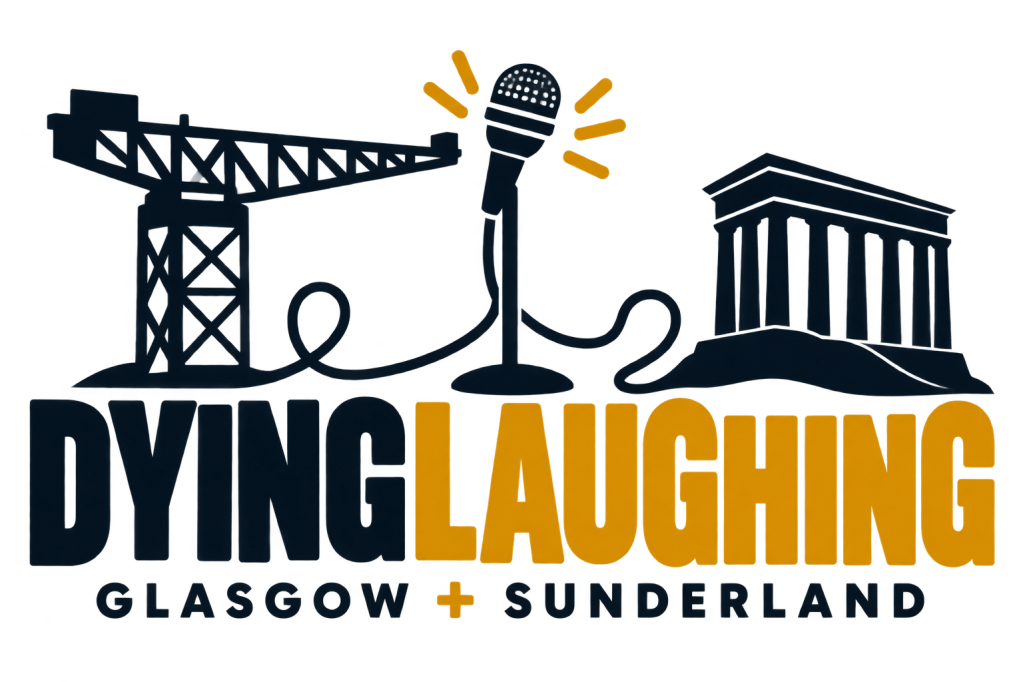 Logo for 'Dying Laughing' featuring a crane, a microphone, and architectural landmarks, representing Glasgow and Sunderland.