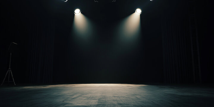 A dimly lit stage with two bright spotlights shining down, creating a dramatic effect on the empty wooden floor.