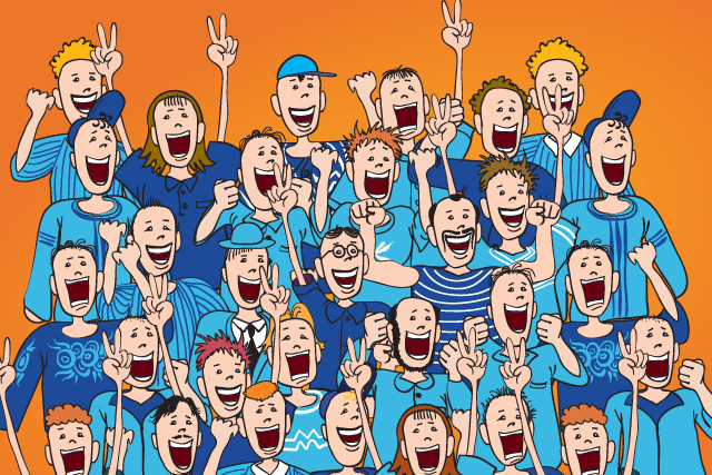 A large group of cartoon characters wearing blue clothing, all smiling and cheering enthusiastically against an orange background.