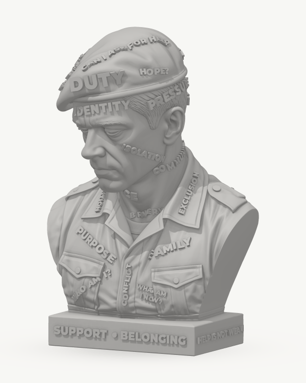 Digital front three-quarter design view of a military bust with a beret. Raised words include duty, identity, isolation, community, purpose and family. Support and belonging appear on the base.